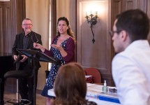 Fenlon Lamb and José Luis Moscovich with artists in Opera Santa Barbara's "Gianni Schicchi" staging rehearsal 3/31/16 Weinman Hall, MAW